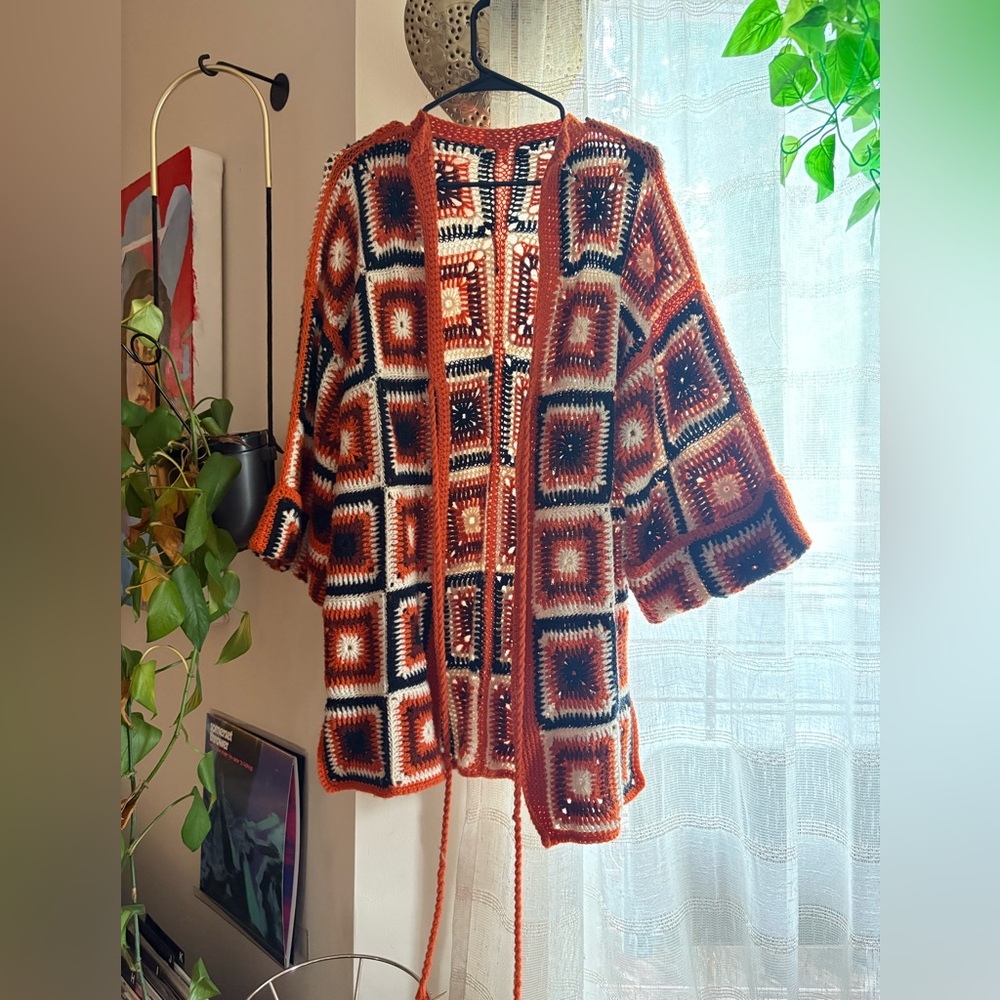 Handmade Orange & Black Crochet Cardigan Sweater